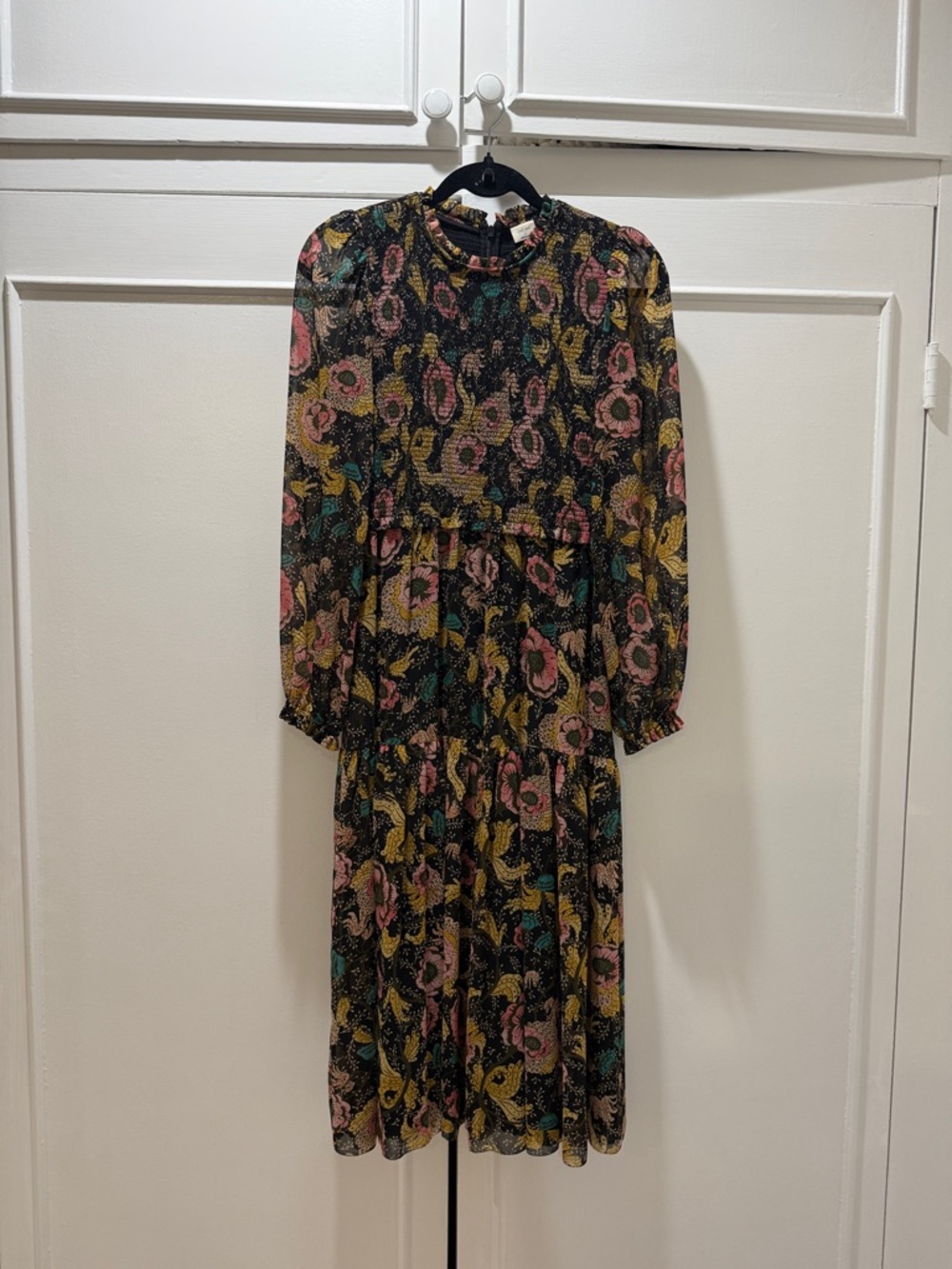 Floral Long-Sleeve Midi Dress in Black and Pink